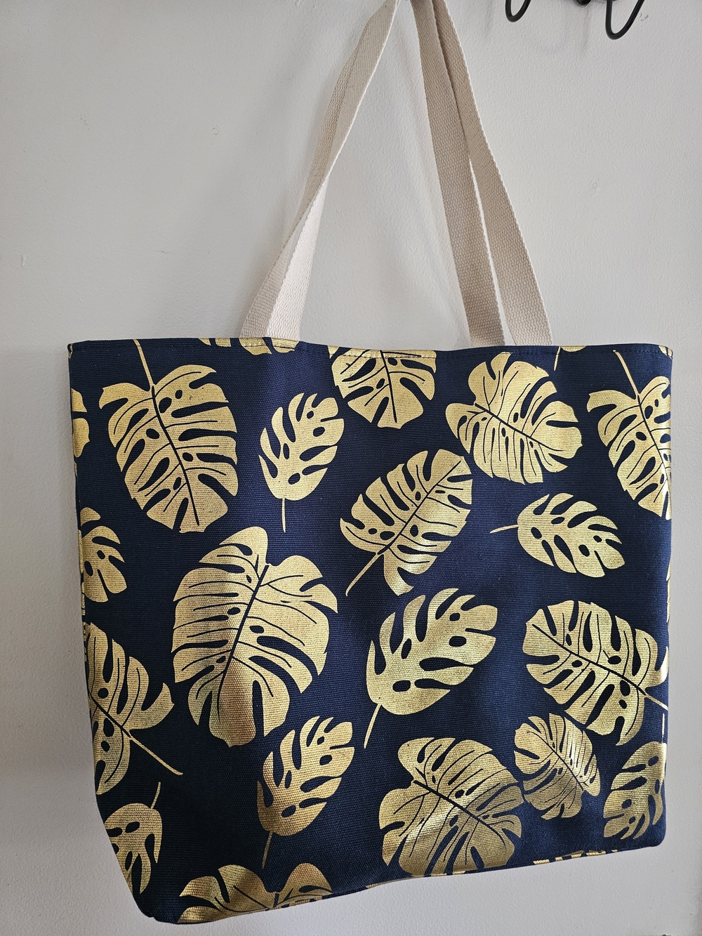 Navy Tote with Metallic Gold Leaf Print - Picture 3 of 7
